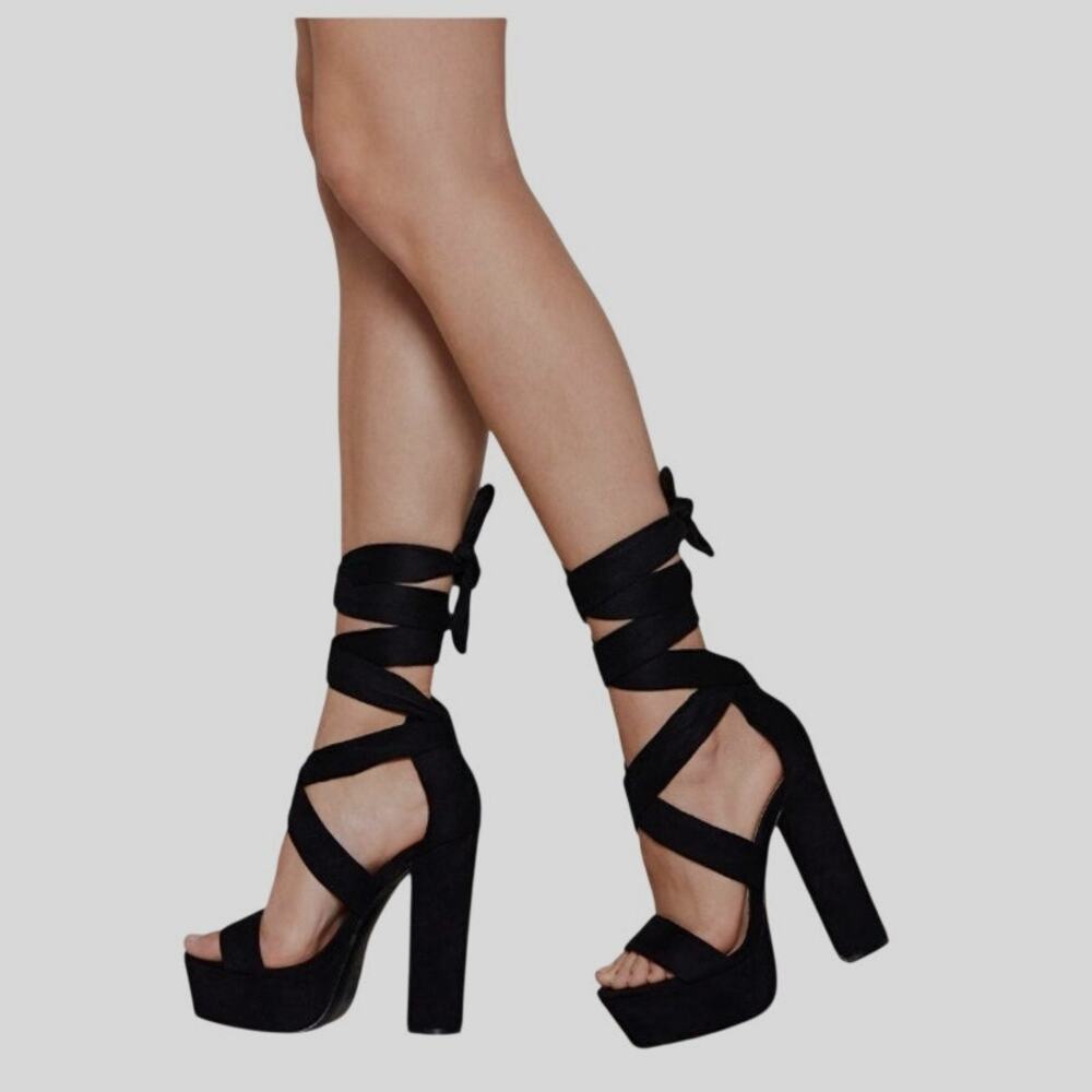 Nasty Gal Shoes | Lace Up Open Toe Platform Heels | Color: Black | Size 38/7.5